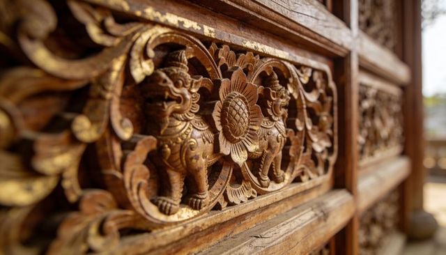 Ornate carved wooden temple panel featuring lotus medallion and guardian beasts