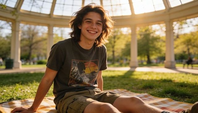 Smiling teen sitting on picnic blanket at sunlit park gazebo during golden hour
