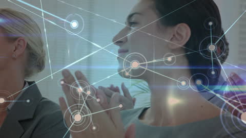 Digital Network Overlay with Business Professionals Applauding