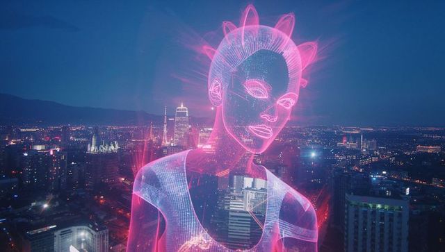Neon-pink hologram over cityscape at dusk with digital grid