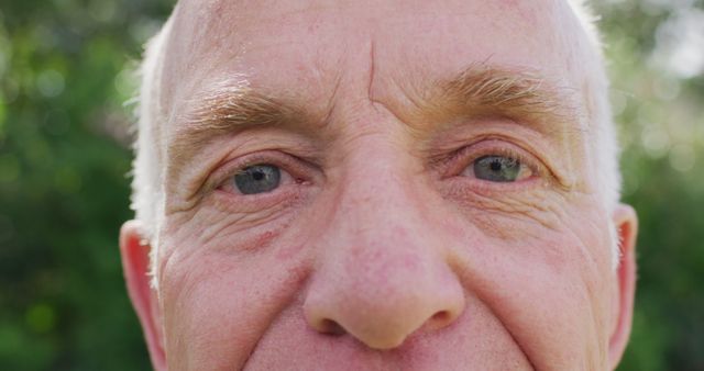 Close-up of elderly man's face showing fine wrinkles and smile lines, highlighting signs of aging. This can be used to illustrate aging process, senior health, happiness in old age, retiree lifestyle, or focuses on facial features in senior citizens.