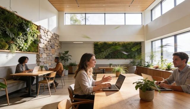 Biophilic coworking collaboration at long wooden table with natural light and plants