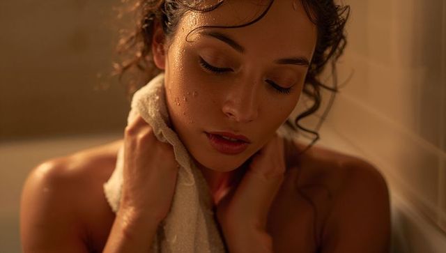 Woman holding towel to neck after shower showing dewy skin, warm glow, intimate moment