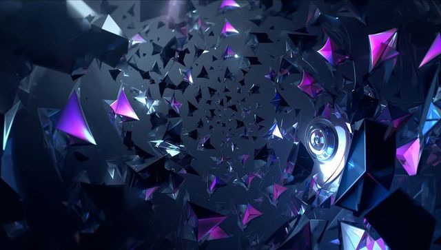 Spiraling crystalline vortex of reflective triangular shards in cyan and magenta tunnel