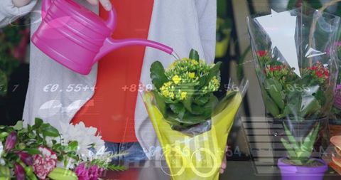 Woman watering potted plant wrapped in yellow at florist stall with data overlays