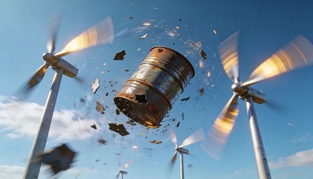 Rusted barrel exploding over wind farm with flying metal shards and spinning turbines, sparks