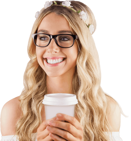 Smiling Woman with Glasses Holding Coffee Cup on Transparent Background