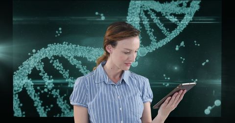 Businesswoman Analyzing Medical Data on Tablet with DNA Background