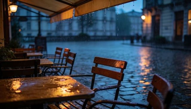 Rain-soaked cafe terrace at dusk with wet wooden tables and empty chairs on cobblestone with glowing