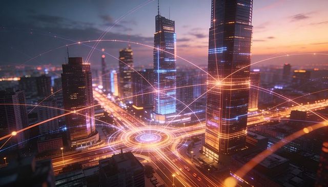 Neon smart city network connecting skyscrapers via glowing roundabout at dusk