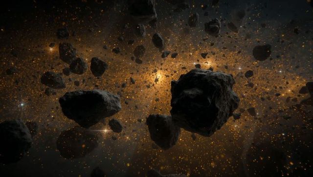 Asteroid field drifting through amber nebula with backlit jagged rocky debris