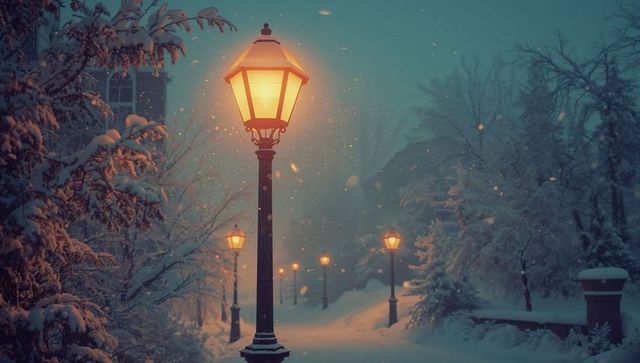 Vintage Lamppost Along Snowy Lane at Night