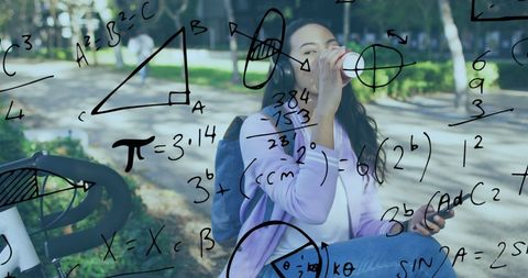 Mathematical Equations Overlaid Mediterranean Woman Enjoying Coffee Outdoors