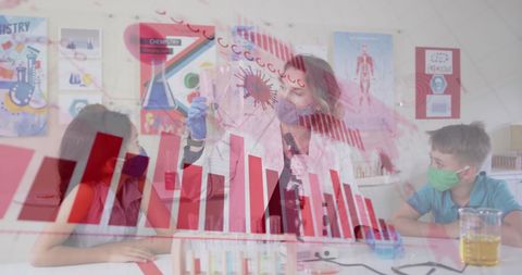 Masked teacher explaining pandemic statistics in classroom