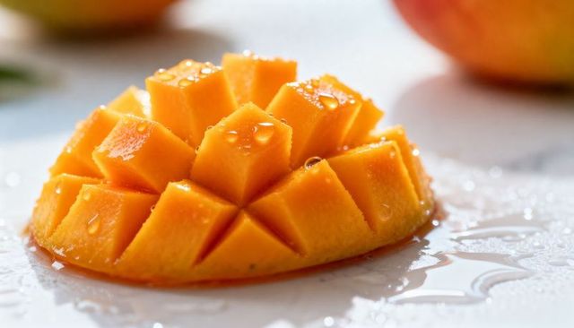 Cubed mango hedgehog cut showing juicy cubes and water droplets on glossy surface