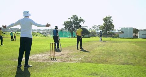 Umpire making decision during outdoor cricket match on sunny day
