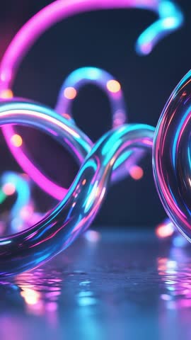 Vertical neon loops undulating and twisting on reflective floor with floating orbs