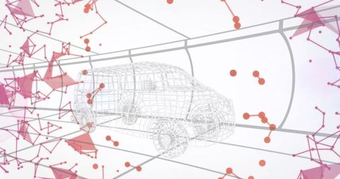 Futuristic Wireframe SUV with Network Nodes in Digital Tunnel