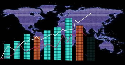 Neon Global Data Dashboard Showing Bar Charts and Rising Trend Lines over Pixel Map
