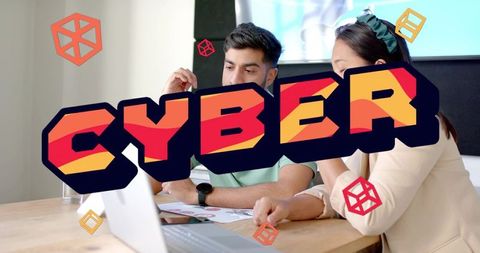 Cyber overlay with team reviewing laptop and papers, planning cybersecurity strategy