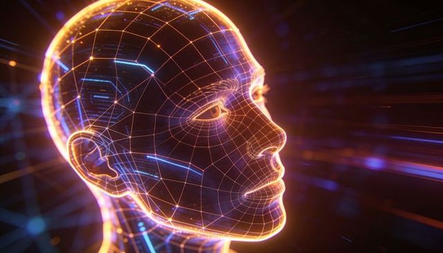 Glowing Wireframe Human Head Floating in Neon Cyberspace with Holographic Circuitry Mesh