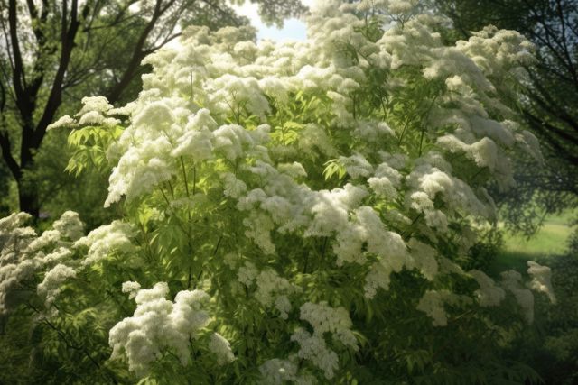 Elderberry tree with white flowers in garden, created using generative ai technology. Elderberry tree, summer and nature concept digitally generated image.