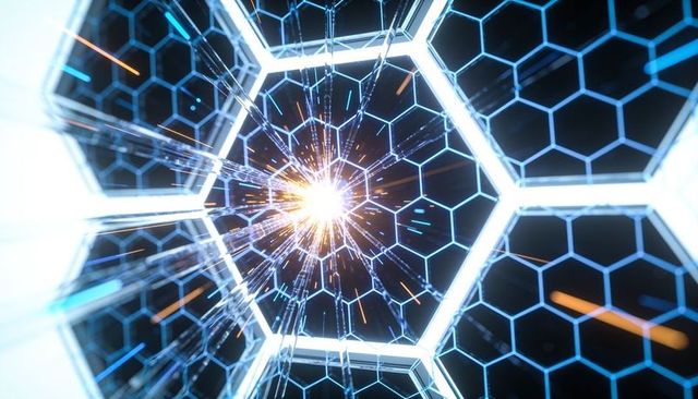 Bursting energy core radiating sparks through futuristic hexagonal reactor tunnel cyan glow