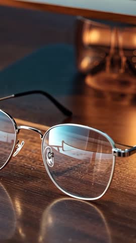 Vertical video showing metal-frame eyeglasses on wooden desk with monitor base and coffee mug