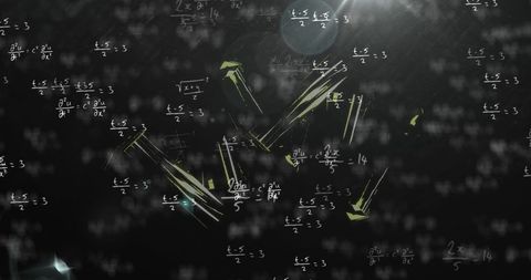 Mathematical Equations Overlaying Snowflakes on Black Background