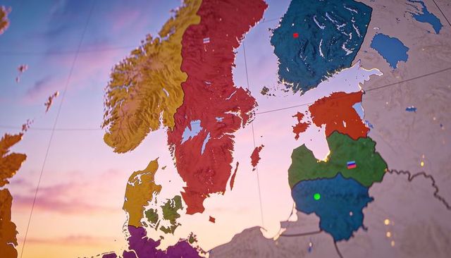 Scandinavian peninsula 3d relief map highlighting topography, borders, markers at sunset