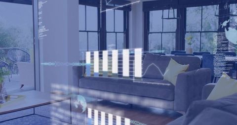 Holographic analytics overlay on modern living room for smart home data visualization