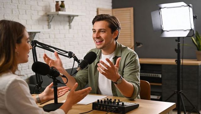 Male host recording lively podcast interview with female cohost in modern studio with mixer