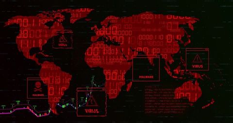 Red World Map Displaying Global Malware Virus Threats Dashboard