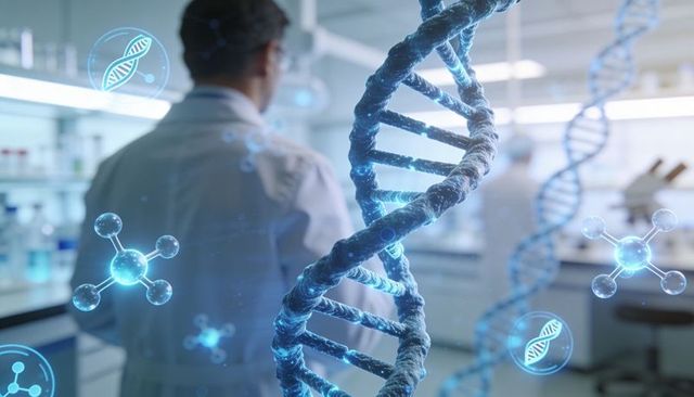Scientist projecting holographic dna double helix in laboratory for genomics research