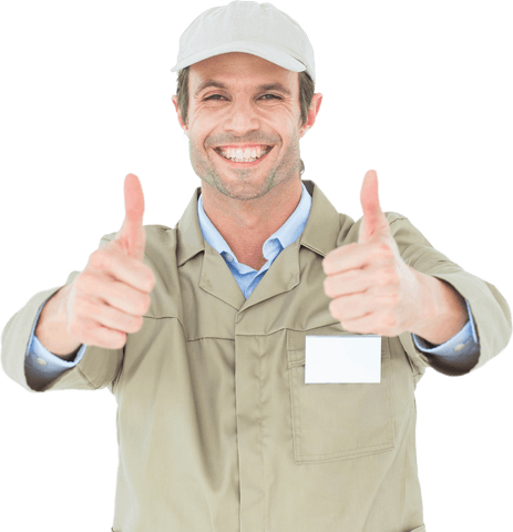 Smiling Delivery Man Giving Thumbs Up in Uniform Transparent