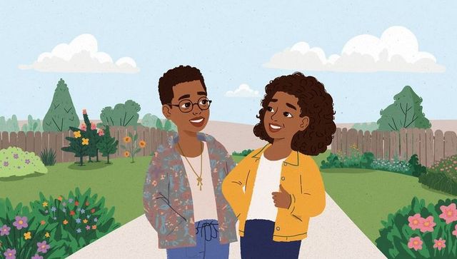 Two friends chatting in vibrant garden setting