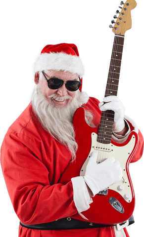 Cool santa claus playing electric guitar with joy transparent background