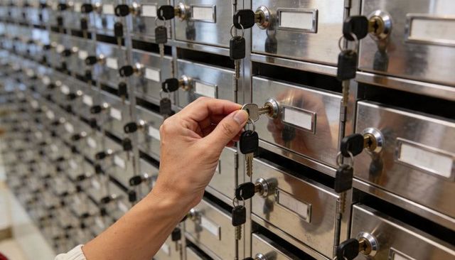 Hand turning key unlocking stainless mailbox lock with key fob in mailroom rows