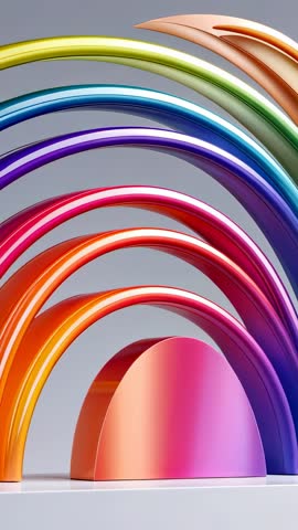 Vertical abstract rainbow arches with glossy pink-orange dome looping 3D motion background