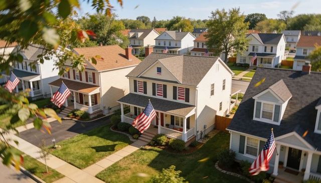 Suburban two-story home displaying large american flag on front porch, aerial neighborhood view
