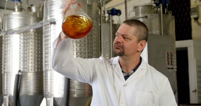 Scientist Examining Liquid in Laboratory Flask in Industrial Setting - Download Free Stock Images Pikwizard.com