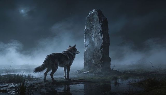 Lone wolf standing before stone monolith in moonlit misty marsh with reflective pools