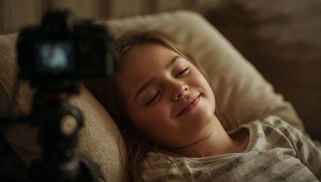 Girl reclining on sofa smiling with eyes closed wearing striped loungewear warm cozy interior