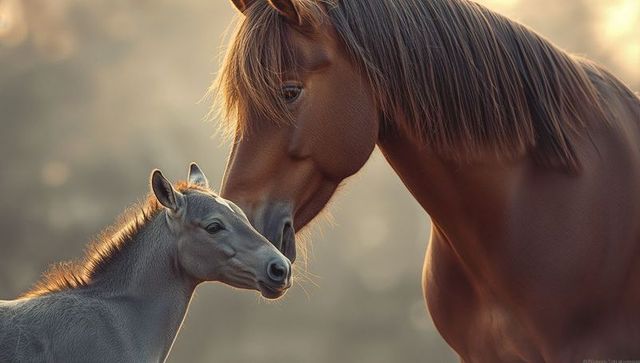Chestnut Mare Nuzzling Gray Foal in Glowing Pasture