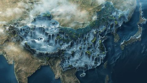East asia topography with waterfall extrusions and lush forests