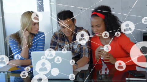 Diverse Team Collaborating in Office with Digital Network Overlay