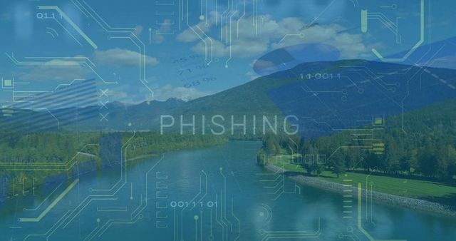 Digital Security Technology over Scenic Landscape with Phishing Warning