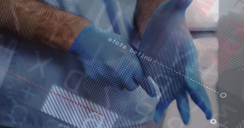 Medical worker donning nitrile gloves for sterile prep with futuristic digital overlay