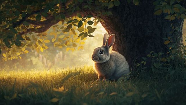 Basking rabbit nestling by tree trunk in golden woodland meadow at dawn