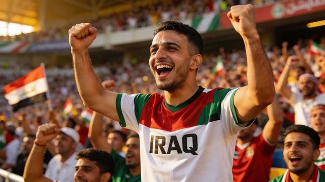 Ecstatic iraqi football fan cheering with raised fists in packed stadium